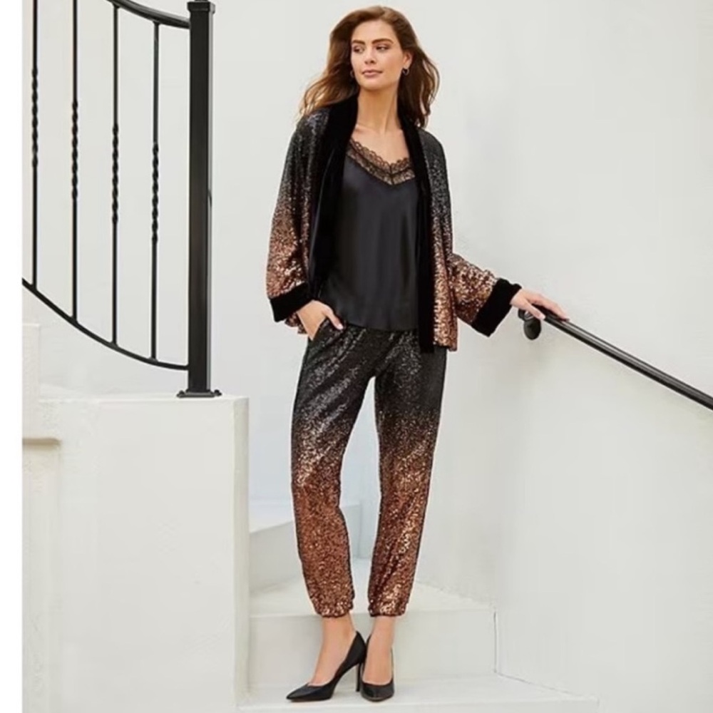 JOHNNY WAS SEQUIN DORIAN KIMONO AND SEQUIN GOLD JETT JOGGER SET.